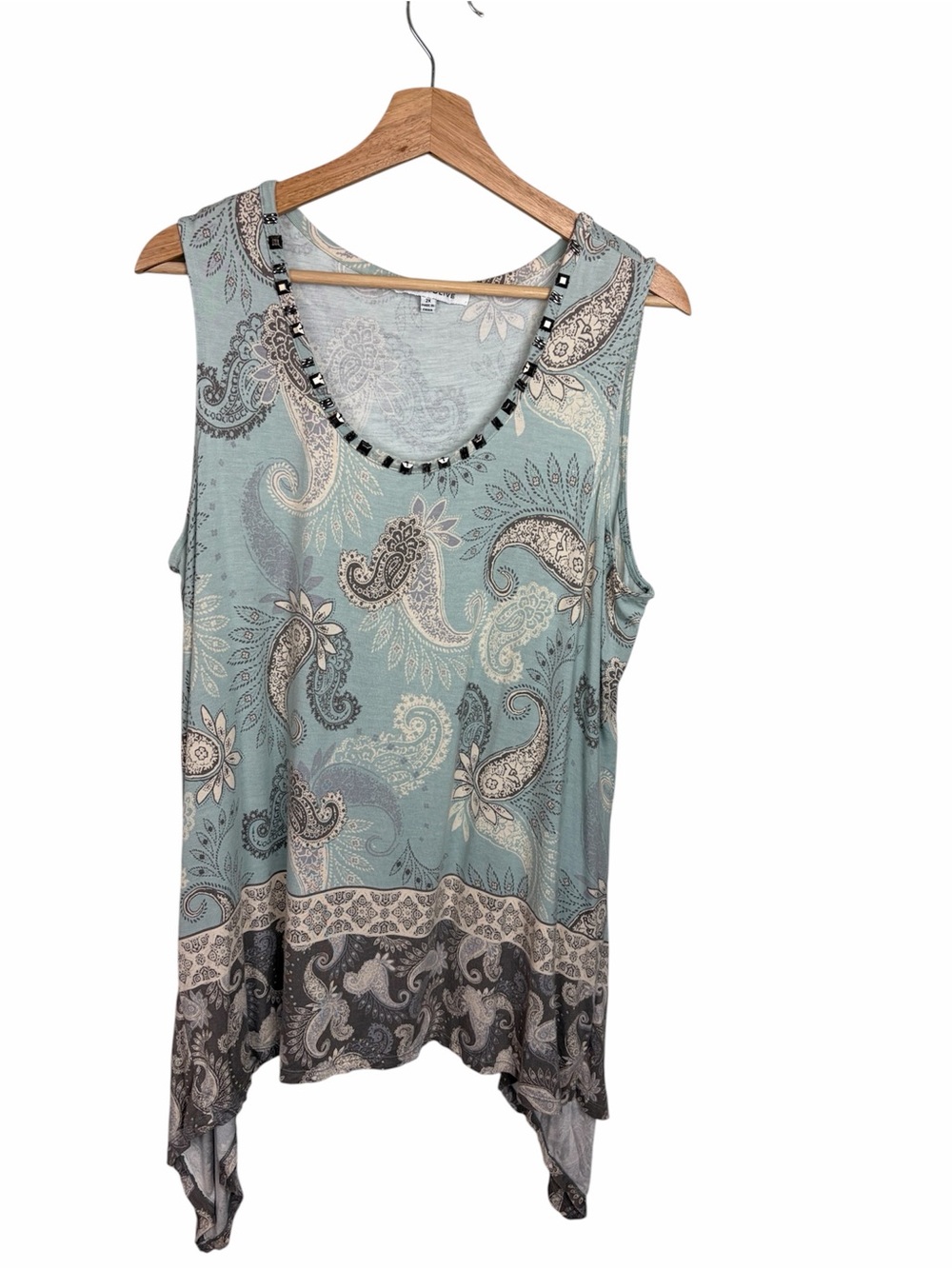 Rose & Olive Dusty Blue Paisley Studded Flowy Tank Top, 2X